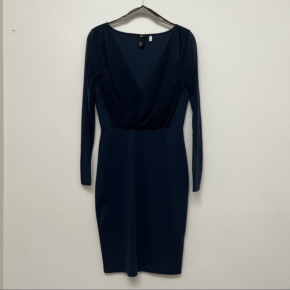 H&M Womens Blue Faux-wrap front sheer sleeve shift dress